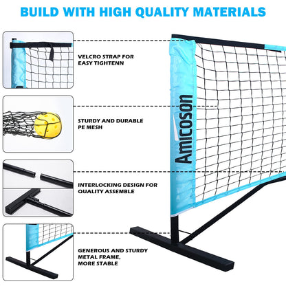 Amicoson pickleball set with 22ft black net, four wooden paddles, pickleballs, carrying bag, court tape, and measuring tape.