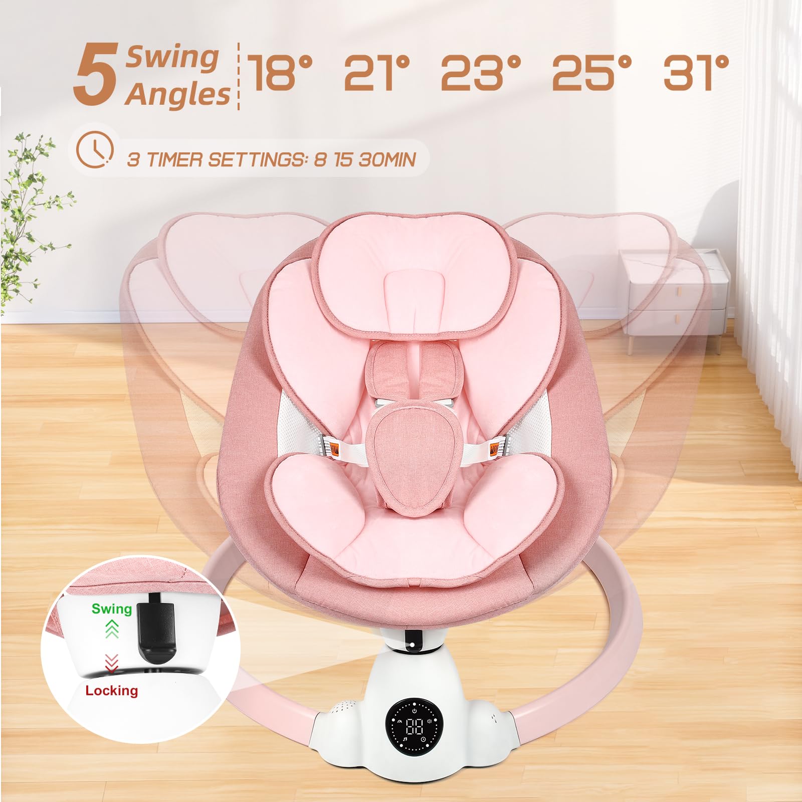 Pink portable electric baby bouncer with Bluetooth, 5 swing speeds, 10 lullabies, 5-point harness, remote, and touch control.