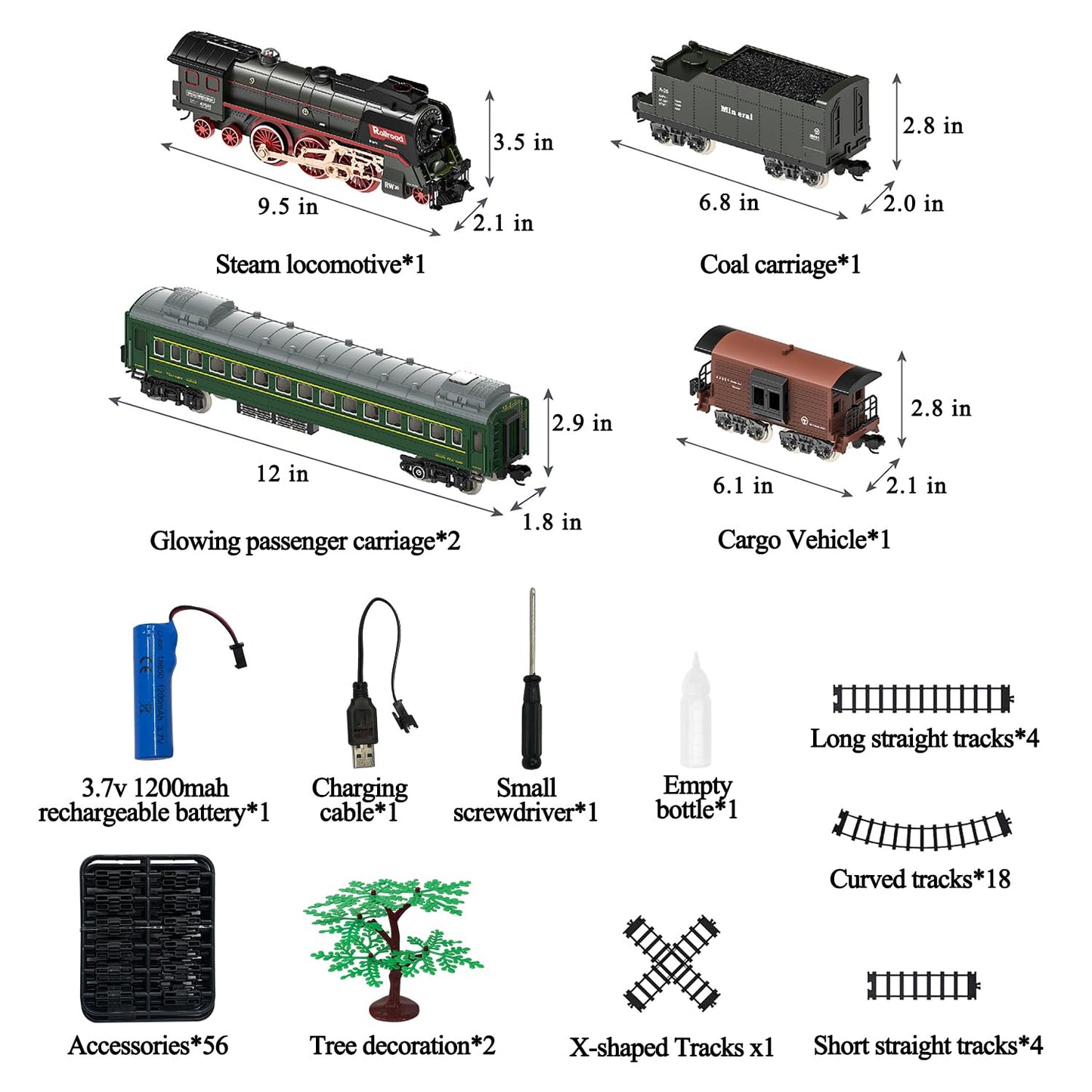 Hitish Train Set for Kids, Electric Train Toys with Realistic Light Sounds Smoke, Christmas Train Model Gifts for Toddlers Boys Girls, Steam Locomotive, Luxury Track & 2 Glowing Passenger Carriages