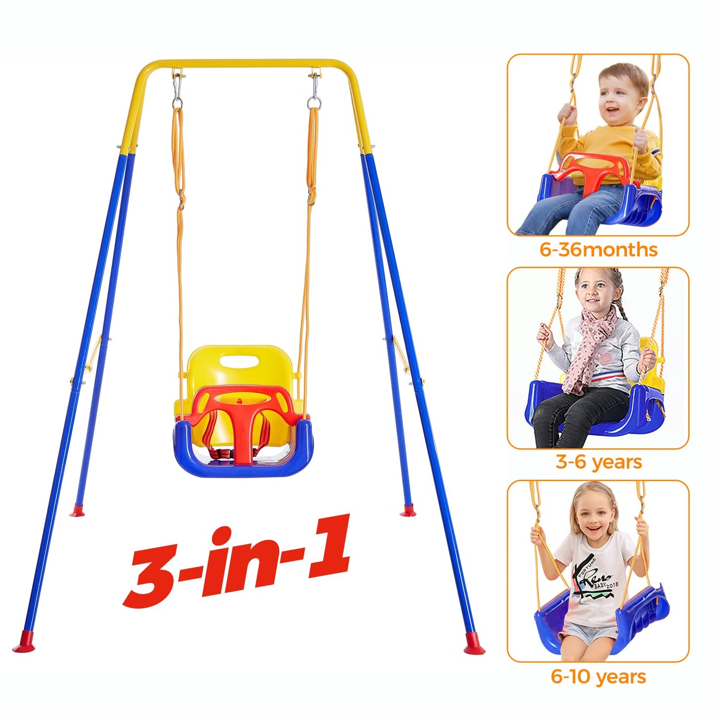 FUNLIO 3-in-1 Swing Set for Toddler with 4 Sandbags, Heavy-Duty Kid Swing Set with Safety Harness, for Backyard, Indoor/Outdoor Play, Folding Metal Stand & Clear Instruction, Easy to Assemble & Store