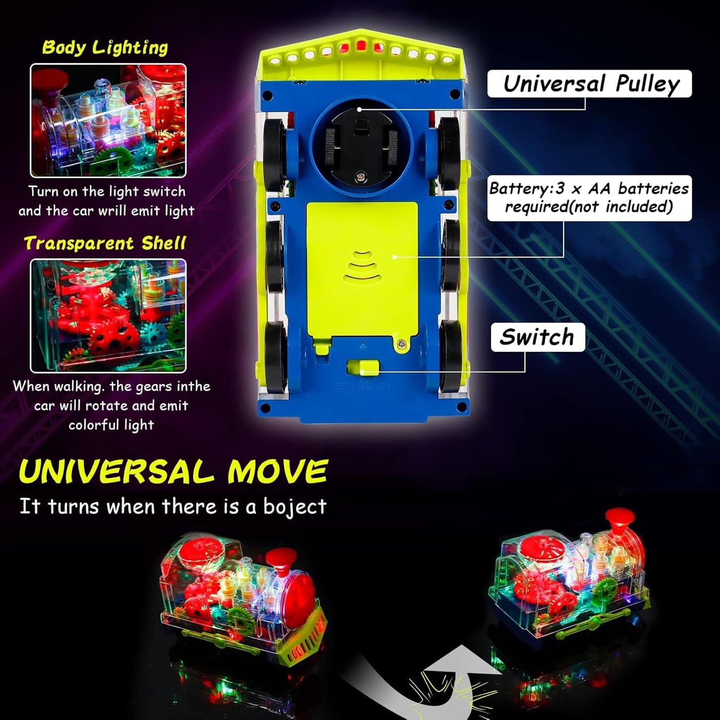SWTOIPIG Gear Train Toy Light Up Music Electric Train Toy Transparent Rotating Mechanical Gear for Kids Educational Cartoon with Flashing Light Sound Music Locomotive