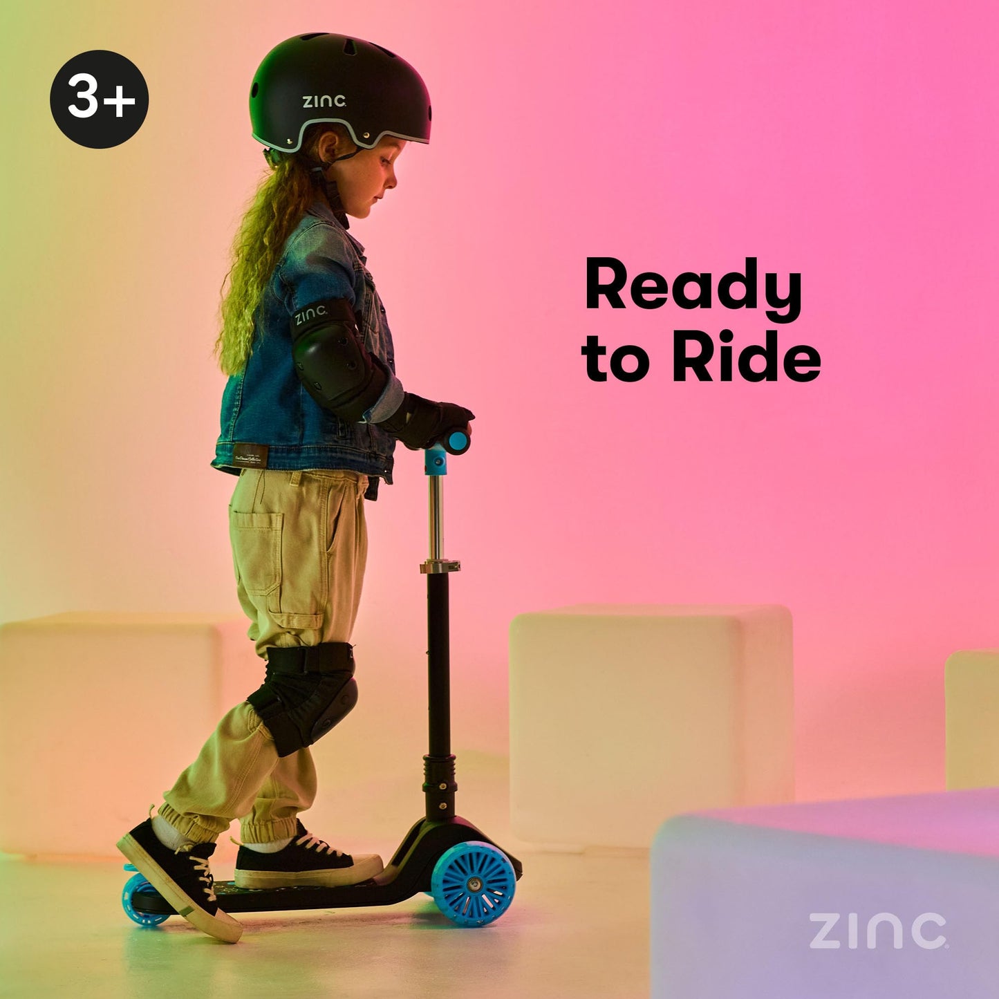 Zinc T-Motion Shine Kids Scooter for Ages 3+ – Three Wheeled Folding Boys & Girls Scooter with LED Light Up Deck & Wheels, Adjustable Handlebar, Lean & Steer Controls, Rear Brake, Black & Blue