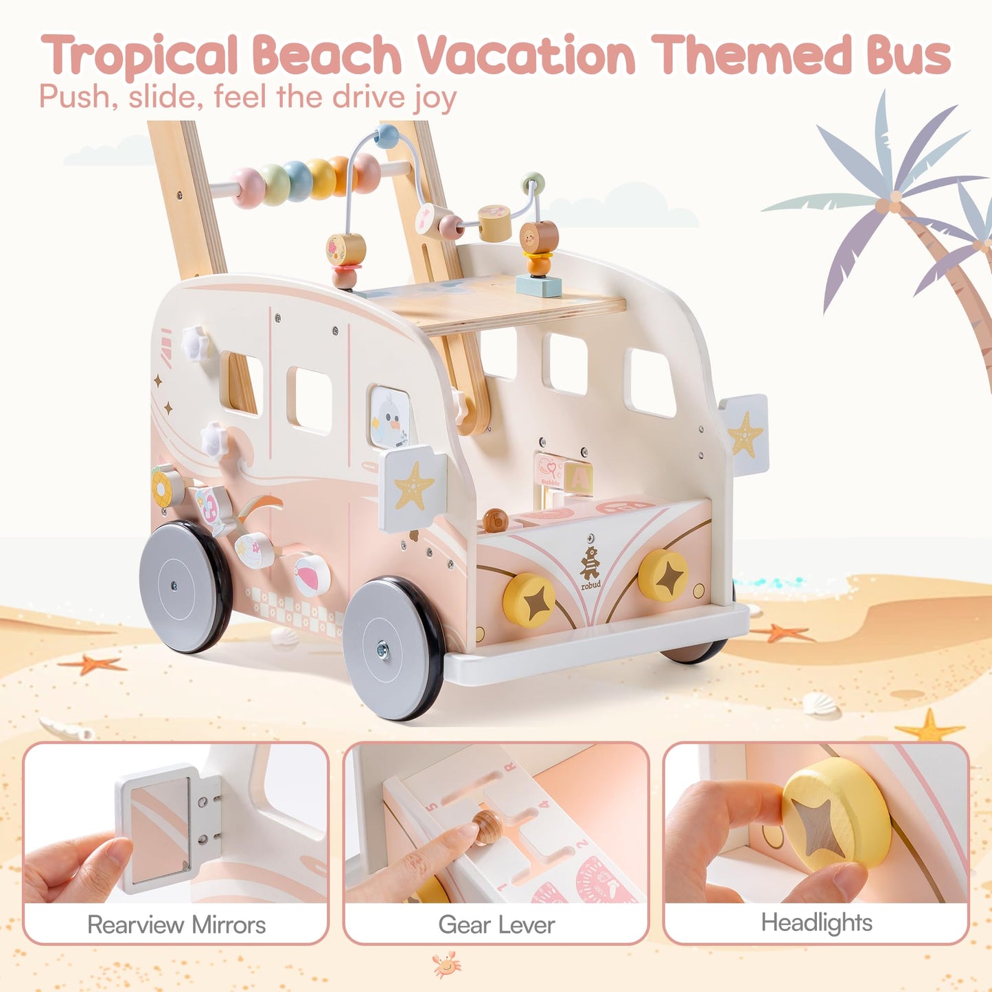 ROBUD Wooden Baby Walker with tropical beach bus design, interactive push toy for toddlers, adjustable height and speed, educational motor skills