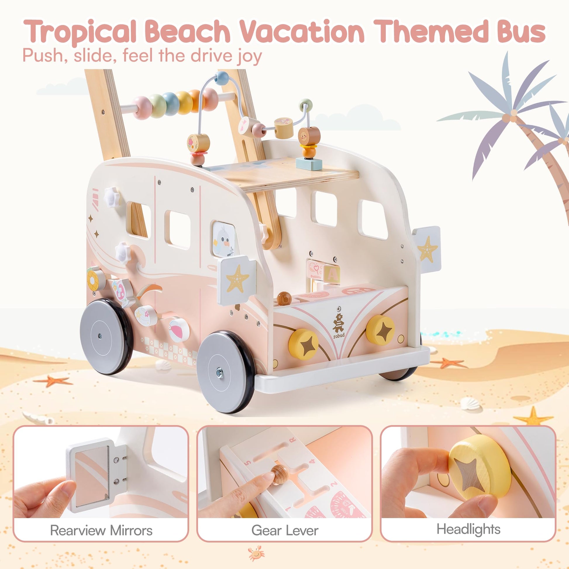 ROBUD Wooden Baby Walker with tropical beach bus design, interactive push toy for toddlers, adjustable height and speed, educational motor skills