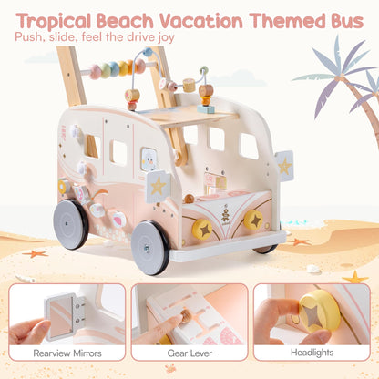 ROBUD Wooden Baby Walker with tropical beach bus design, interactive push toy for toddlers, adjustable height and speed, educational motor skills