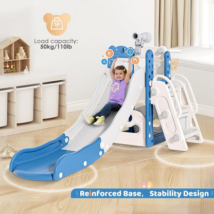 Kids Slide,Indoor Thickened Widened toddler slide with basketball hoop, climbing frame for the garden,storage space slide ((5-in-1 Naughty Bear Slide 170+Ball Frame+Telescope-Blue Gray))