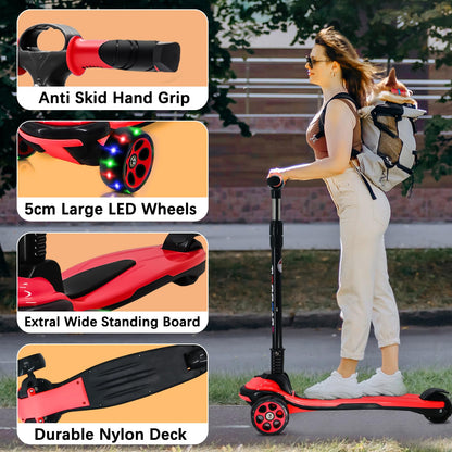 SIMEIQI 3-wheeled kick scooter for kids, featuring adjustable height and flashing LED wheels, ideal for ages 5-12.