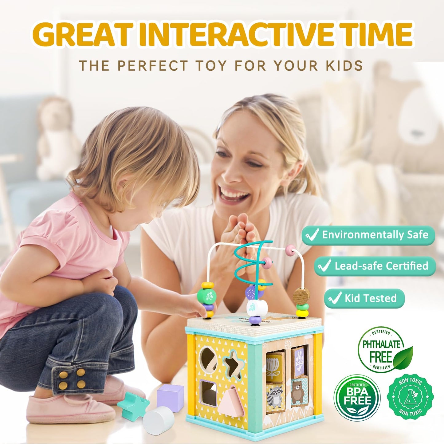 Alab wooden activity cube with bead maze and shape sorter, toddler educational toy for 1-year-olds and young children.