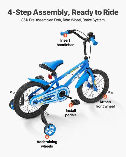 VEVOR Kids Bike, 40.64 cm BMX Style Children Bicycle, Rider Height 100 cm - 130 cm, Training Wheels Included, Sturdy and Easy to Assemble, Toddler Bike for Boys & Girls Learning to Ride, Blue