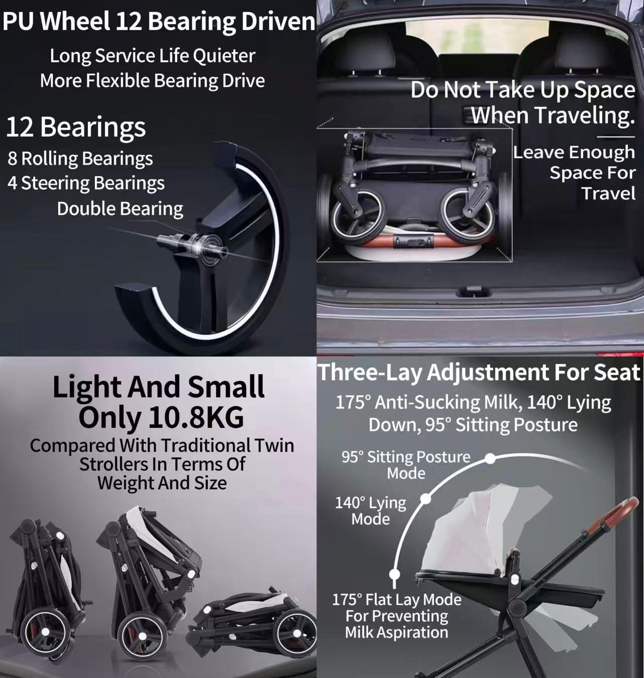 Rexhan Twin 4 in 1 Reversible Travel System, Foldable Double Baby Buggy, Twin Toddler Pram, Pushchair, Tandem All in One Stroller, Lightweight, Portable Baby Carriage, Newborn 0-4 Year, Aluminium