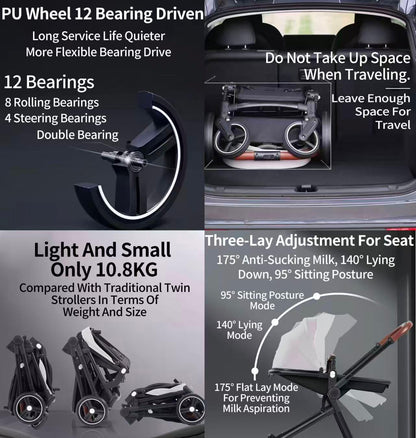 Rexhan Twin 4 in 1 Reversible Travel System, Foldable Double Baby Buggy, Twin Toddler Pram, Pushchair, Tandem All in One Stroller, Lightweight, Portable Baby Carriage, Newborn 0-4 Year, Aluminium
