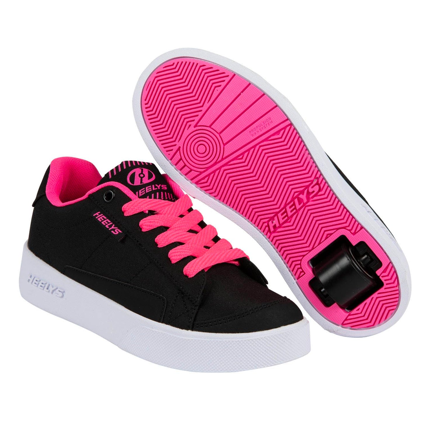 Heelys Digilo Nylon skate shoes in black and pink with wheels, size 6, featuring a sleek sporty design and durable construction.