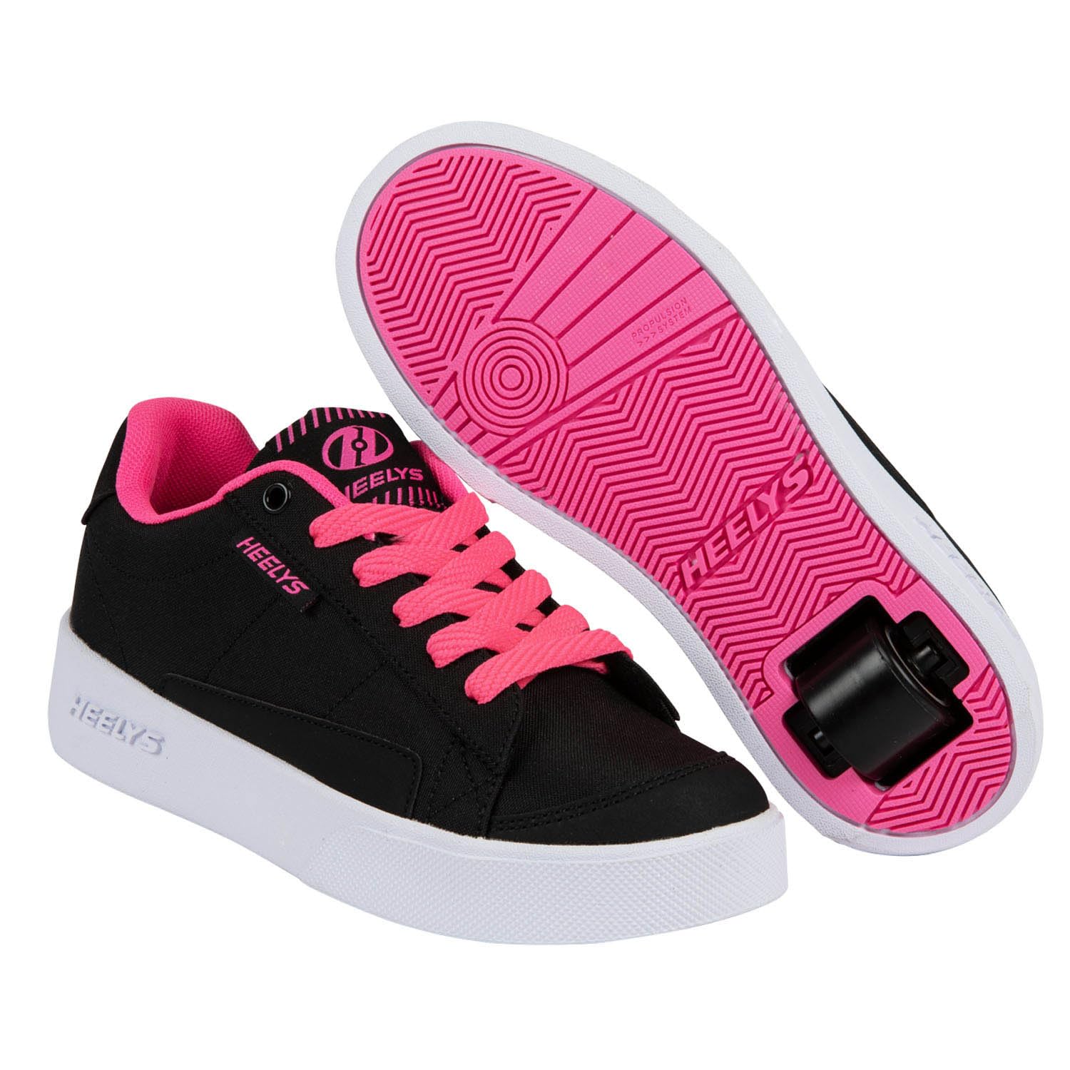 Heelys Digilo Nylon skate shoes in black and pink with wheels, size 6, featuring a sleek sporty design and durable construction.