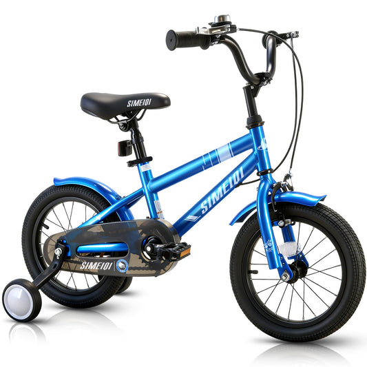 SIMEIQI kids bike for ages 3-9, featuring stabilisers, kickstand, dual handbrakes, and adjustable seat in vibrant colors.