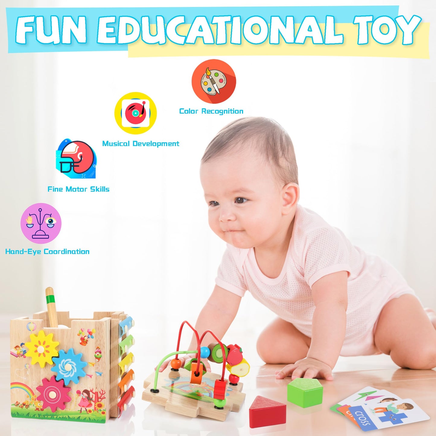 Wooden Activity Cube | 8-in-1 Montessori Toys for 18M+ Toddlers, One Year Old First Birthday Toy, Baby Toy Set with Bonus Sorting & Stacking Board