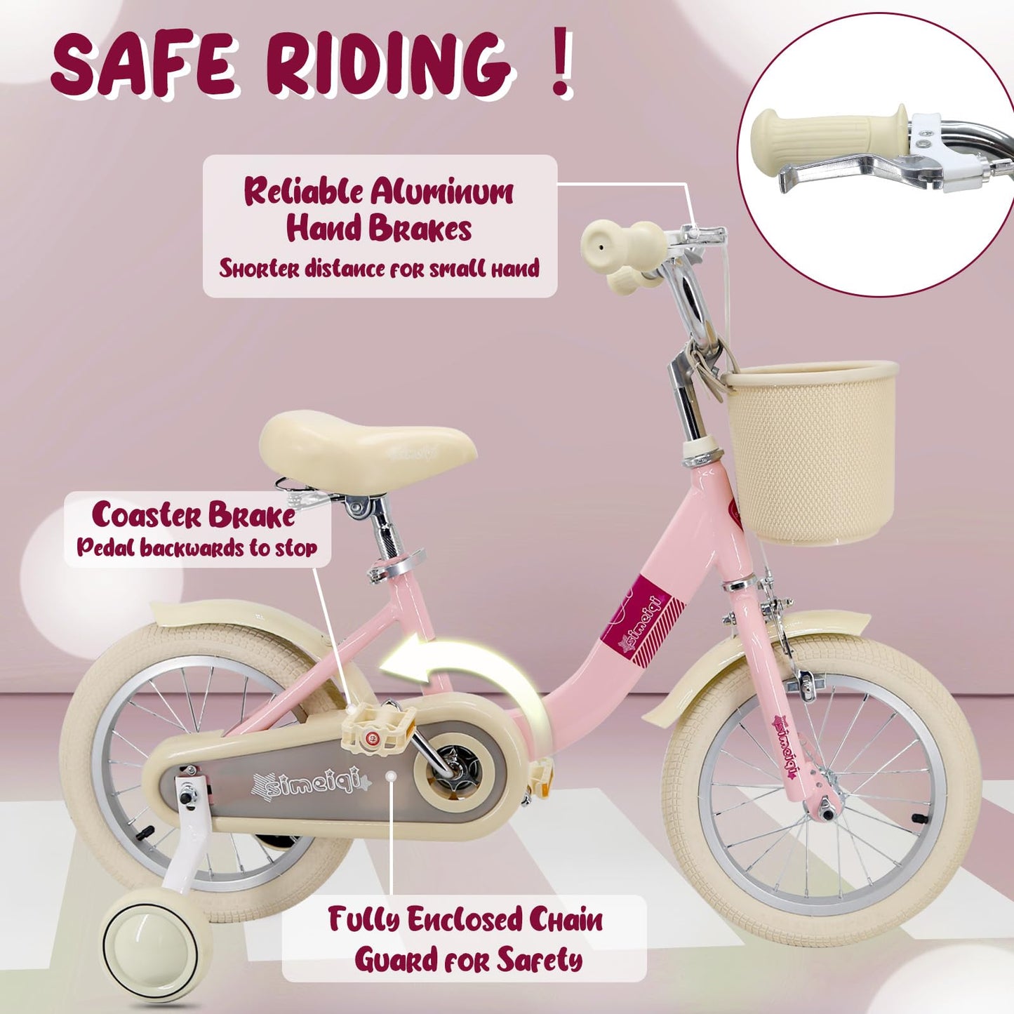 Kids Bike 14 Inch for Girls Children's Bike for Ages 3-5 Years with Stabilisers & Kickstand,Handbrake Coaster Foot Brake Basket and Bell (Pink, 14 Inch with Stabilisers & Kickstand)