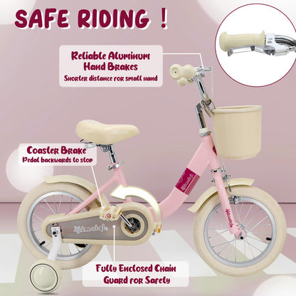 Kids Bike 14 Inch for Girls Children's Bike for Ages 3-5 Years with Stabilisers & Kickstand,Handbrake Coaster Foot Brake Basket and Bell (Pink, 14 Inch with Stabilisers & Kickstand)