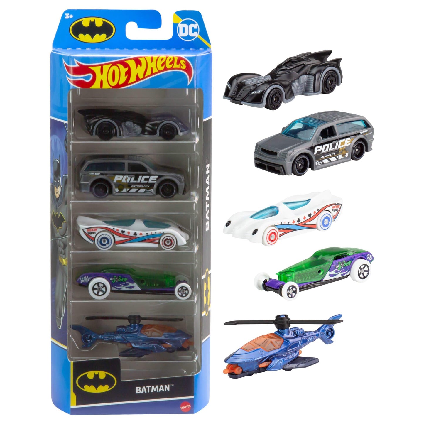 Hot Wheels 1:64 Scale Toy Cars, Set of 5 Batman-Themed Vehicles, HXD61