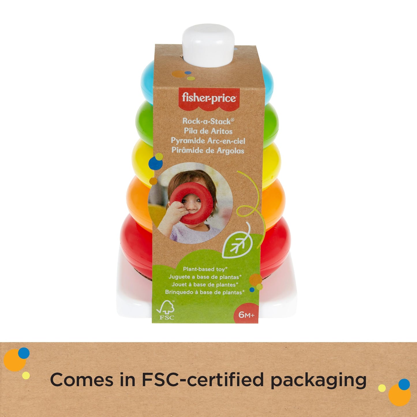 Fisher-Price Rock-a-Stack Baby Toy, Classic Roly-Poly Ring Stacking Toy for Infants and Toddlers, Made From Plant-Based Materials, HPY92