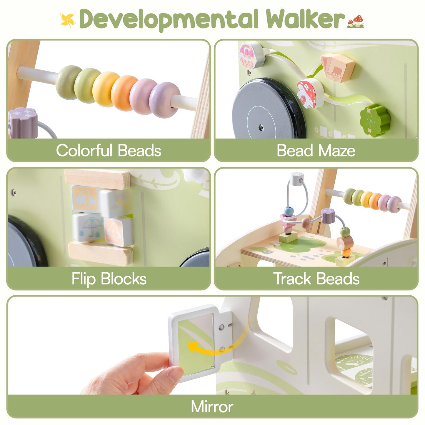 ROBOTIME wooden baby walker with green animal design, featuring wheels, height adjustment, and speed control for toddlers 10-36 months