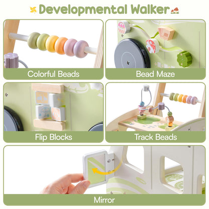 ROBOTIME wooden baby walker with green animal design, featuring wheels, height adjustment, and speed control for toddlers 10-36 months