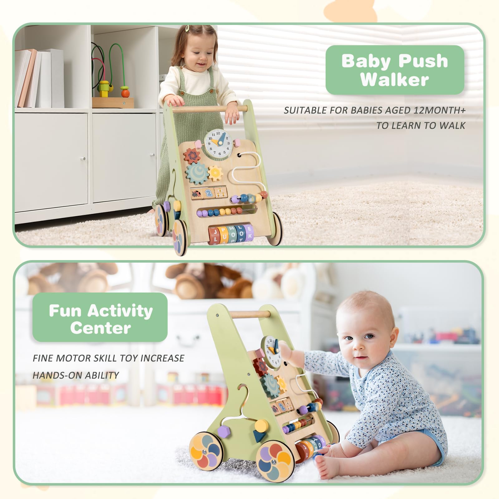 LOL-FUN Wooden baby walker for toddlers, 6-12 months, 10-in-1 push toy with speed control, activity center for 1-year-olds.