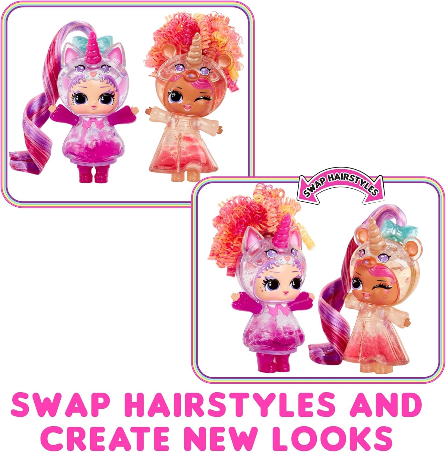 L.O.L. Surprise! Unicorns Tots doll with lava lamp feature, colorful potions, and blind packaging for kids ages 4+.