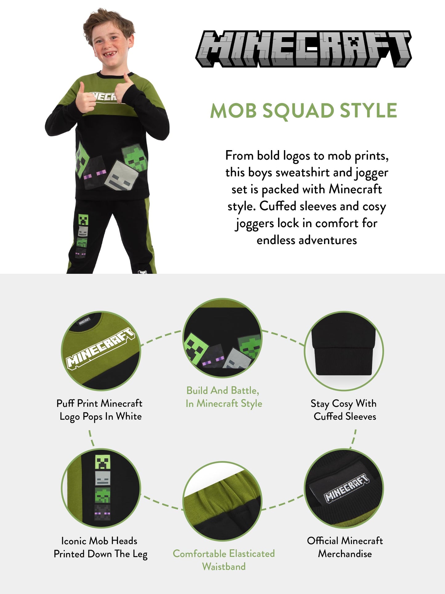 Minecraft Boys Sweatshirt And Joggers, Skeleton And Creeper 2 Piece Outfit, Gaming Boys Clothing, Black 6-7 Years