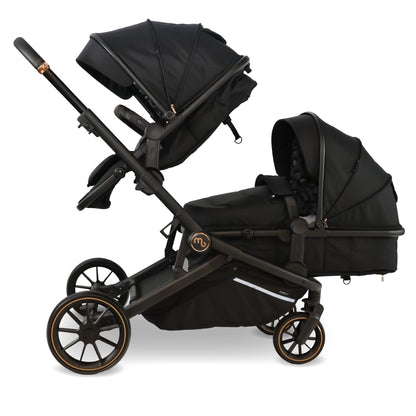 My Babiie MB33 Tandem Pushchair – Birth to 15kg Double Stroller, Twin Seat Units Convert to Carrycot, 11 Configurations, Duo Includes Car Seat Adapters, Rain Covers – Black Leopard