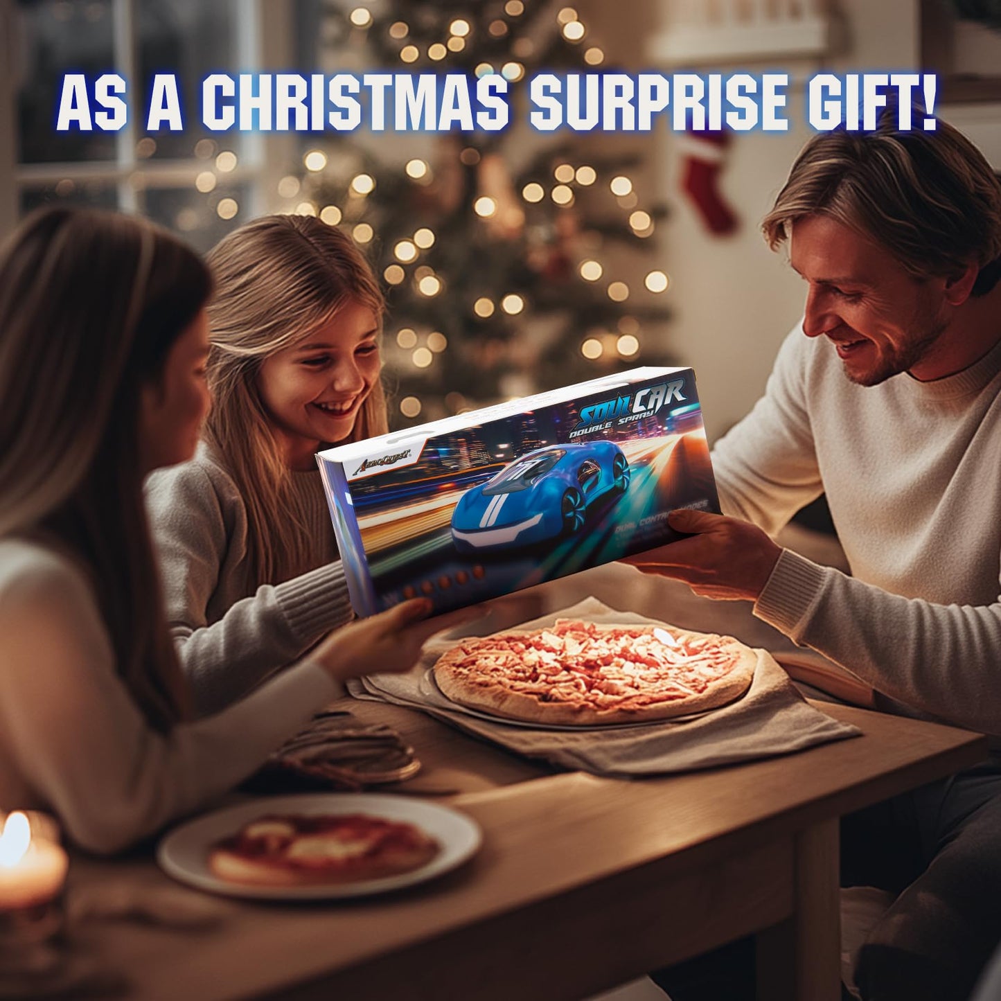 AEROQUEST remote control stunt car for kids with gesture sensing, lights, spray, and sound, suitable for ages 5 to 8.