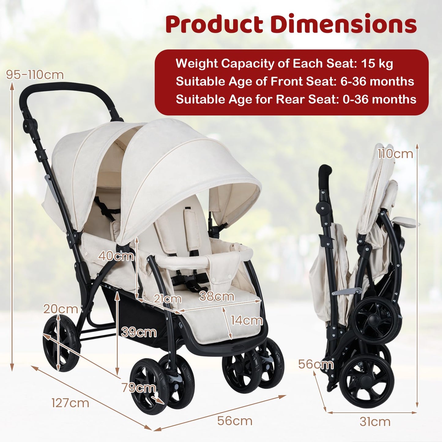 GYMAX Double Seat Stroller with Adjustable Push Handle, Detachable Canopy and Foot Rest, Foldable Baby Pushchair Buggy for Traveling, Going Shopping & Hanging Out (Beige)