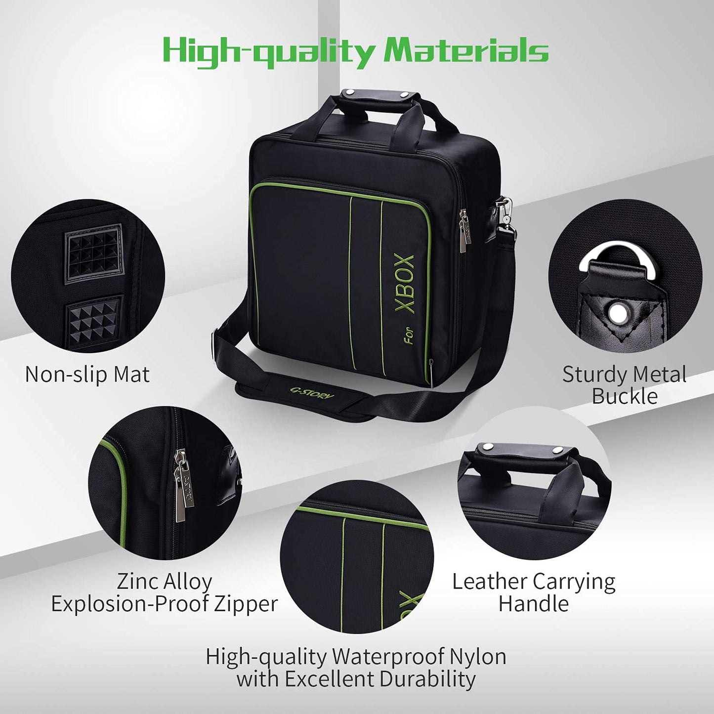 G-STORY hard carrying case for Xbox Series S with storage compartments and included controller skin, designed for travel and protection.