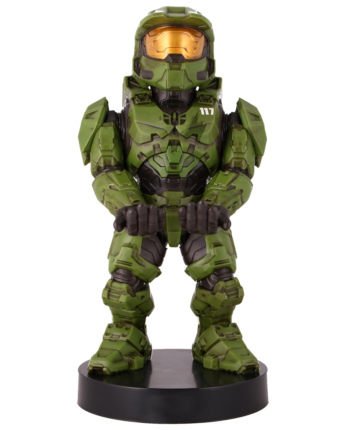 Cableguys Halo Master Chief controller holder and phone stand on desk, compatible with Xbox, PlayStation, and standard game controllers.