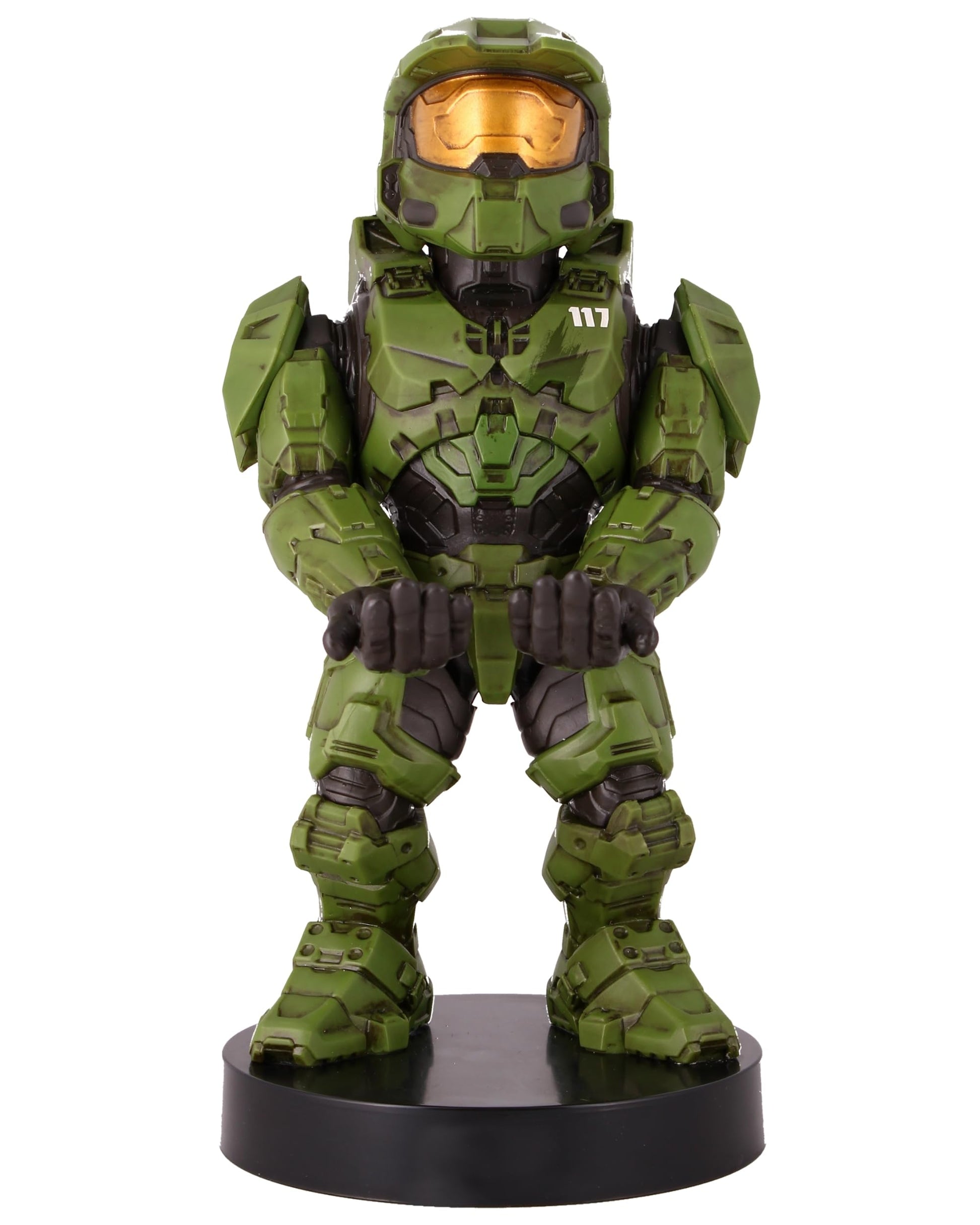Cableguys Halo Master Chief controller holder and phone stand on desk, compatible with Xbox, PlayStation, and standard game controllers.