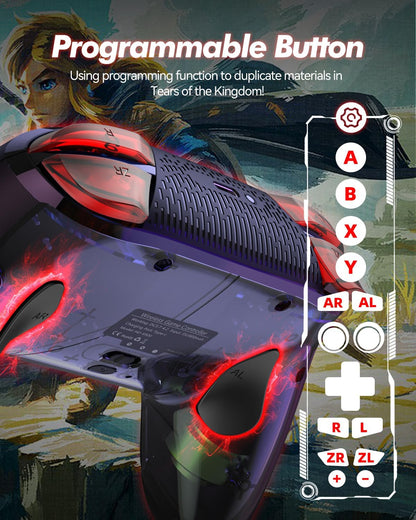 Ligame Switch wireless controller with black design, featuring vibration, turbo, motion, RGB lighting, and compatibility with iPhone, Android, PC.
