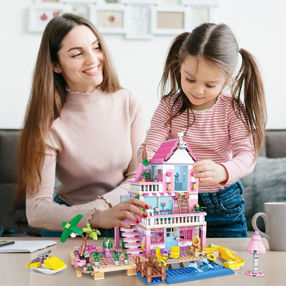 TOY PLAYER Friends Pink Beach House Villa Building Blocks Toy, 2 in1 Girls' Friends House Set, Compatible with LEGO Friends Sets for Girls Age 8-12 (822 PCS)