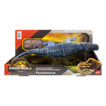 Mattel Jurassic World Rebirth Gigantic Thrashers Dinosaur Figure, Purussaurus Large Species Toy, 2 Rampage Attacks, Digital Play, JGB94