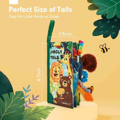 Colorful hahaland baby sensory book featuring jungle tails, soft fabric, and crinkle paper for newborns and infants.