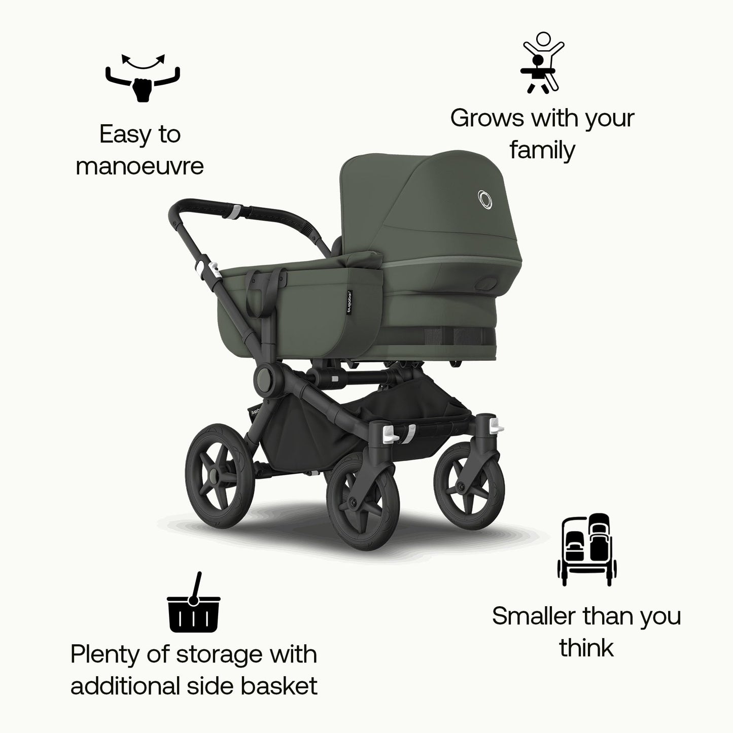 Bugaboo Donkey 5 Mono, Convertible Double Stroller, Improved Design, Reversible Seat, One Hand Steering, Side Basket, Black/Forest Green