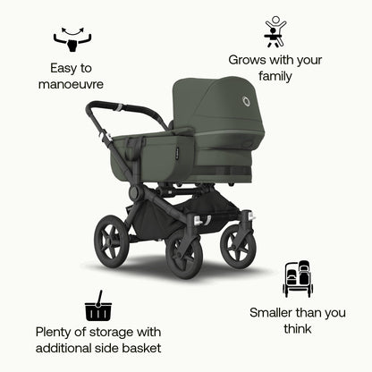 Bugaboo Donkey 5 Mono, Convertible Double Stroller, Improved Design, Reversible Seat, One Hand Steering, Side Basket, Black/Forest Green