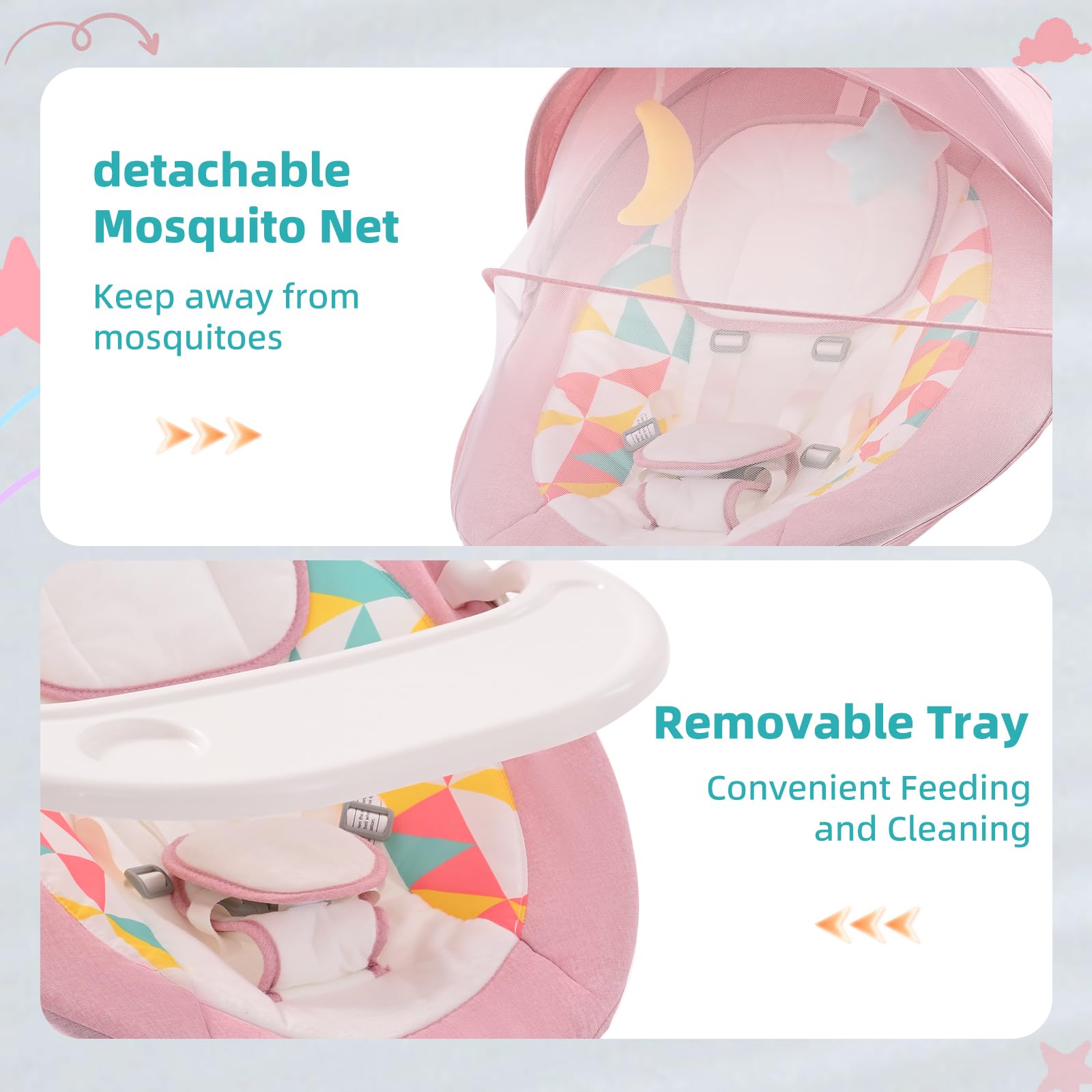 Pink Cozydwells electric baby bouncer with Bluetooth, remote control, adjustable angles, detachable tray, canopy, and mosquito net.