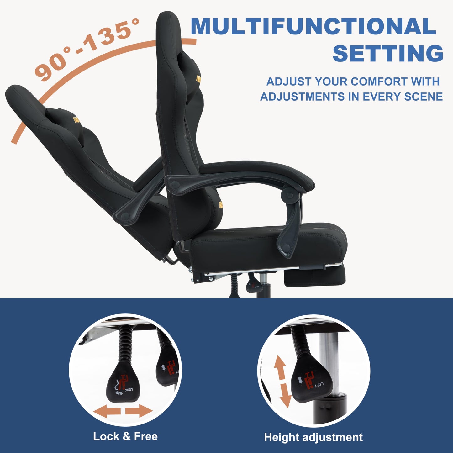 Andyou gaming chair with footrest, ergonomic PU leather computer chair featuring lumbar support, adjustable swivel, ideal for gaming and work