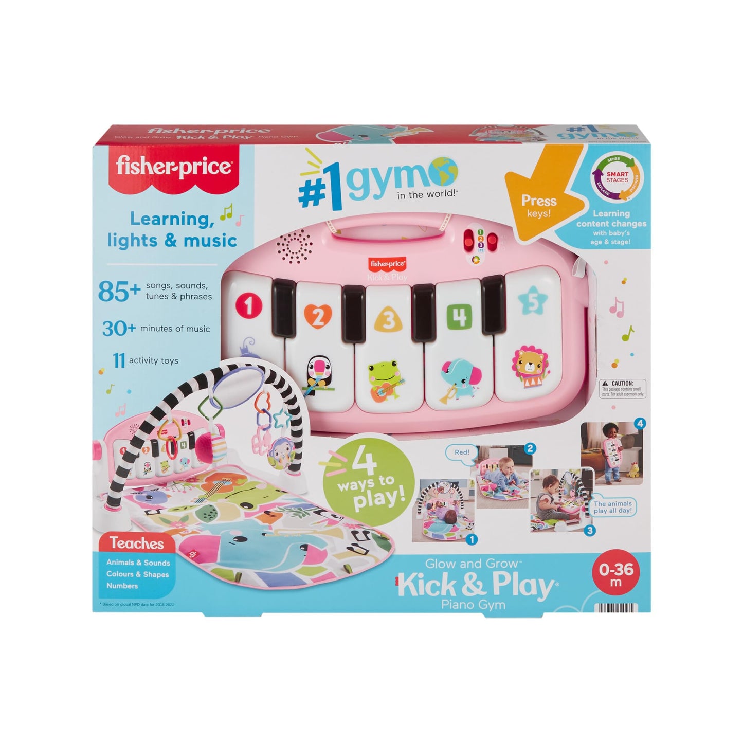 Fisher-Price Baby Activity Mat Glow and Grow Kick & Play Piano Gym with pink fabric, colorful toys, and a musical piano for infants.