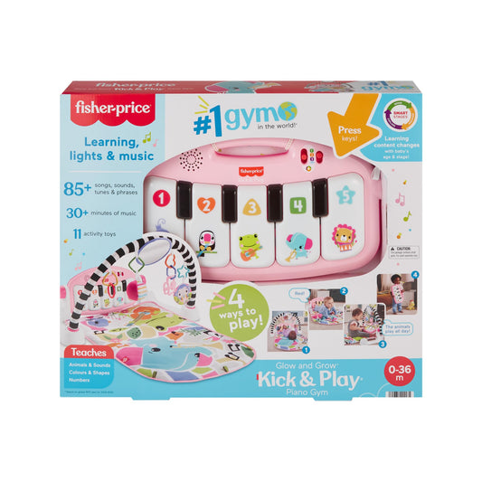 Fisher-Price Baby Activity Mat Glow and Grow Kick & Play Piano Gym with pink fabric, colorful toys, and a musical piano for infants.