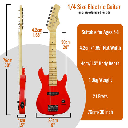 3rd Avenue 1/4 size kids electric guitar pack in red with 5W portable amp, cable, bag, picks, and strap for beginner junior musicians