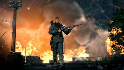 Nintendo Switch game case for Sniper Elite V2 Remastered by Fireshine Games, featuring cover art of a sniper in action.