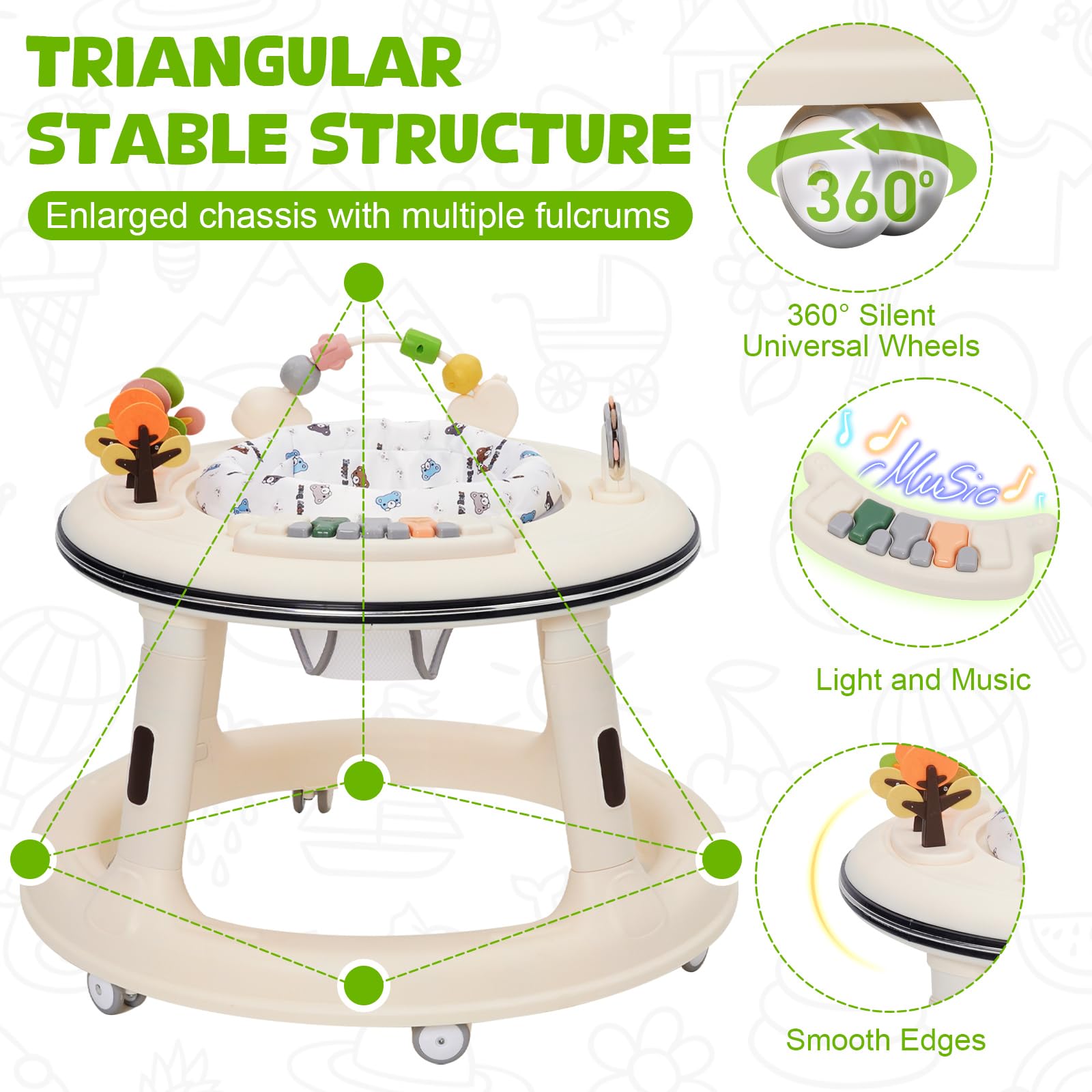 White baby walker with adjustable height, music, lights, 360° wheels, swivel seat, foot pad, and activity center for toddlers.