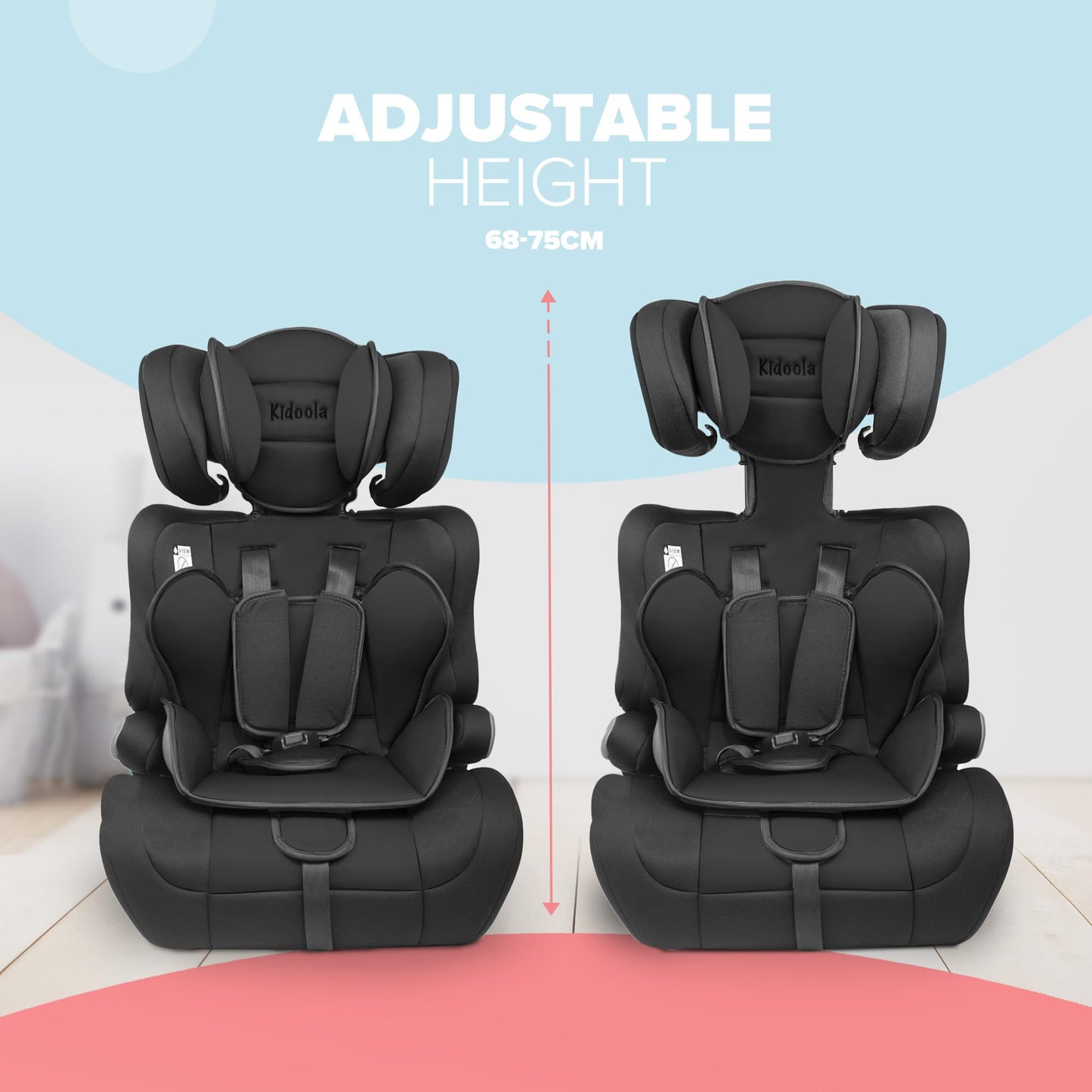 Kidoola Adjustable Car Seat for Toddlers & Children - Safety Certified Booster Seat, Padded & Comfortable with 3 Adjustable Age Functions & Straps, Up to 12 Years - ECE R44/04 (Black)