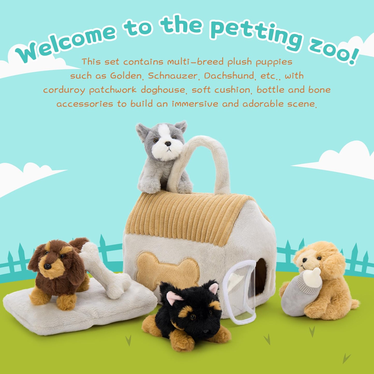 MorisMos 4pcs Dog Teddy Soft Toy, 25cm Dog Stuffed Animal Plush Cuddly with Doghouse, Lifelike Kawaii Presents for Kids Girls Boys Birthday Party Decorations