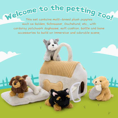 MorisMos 4pcs Dog Teddy Soft Toy, 25cm Dog Stuffed Animal Plush Cuddly with Doghouse, Lifelike Kawaii Presents for Kids Girls Boys Birthday Party Decorations